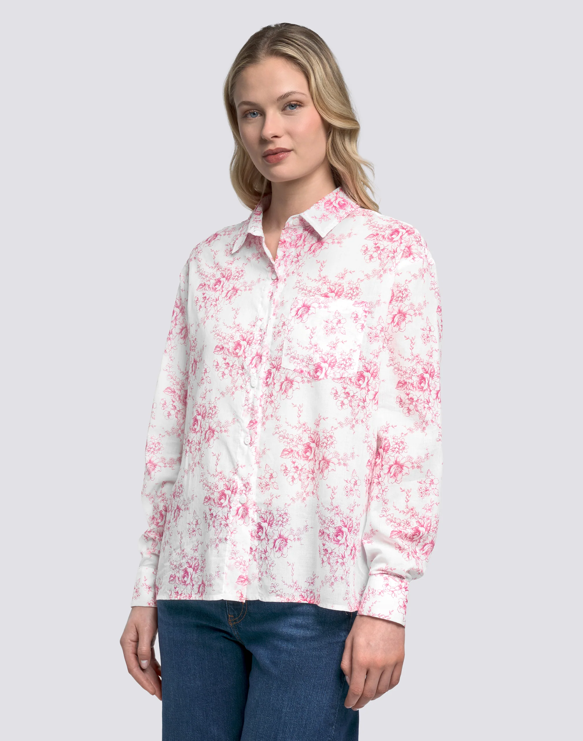 CAMICIA DONNA A MANICHE LUNGHE IN VOILE DI COTONE STAMPA ROSE DE JOIE - Image 3